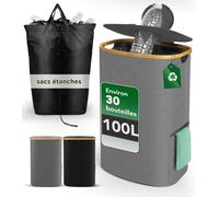 Teppd-100l Collecteur De Bouteilles Avec Couvercle, Sac Recyclage Amovible, Poubelle Tri Selectif Pour Bouteille Plastique, Poubelle Recyclage Cuisine Avec Poches Latérales, Gris
