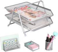 Teppd-Ensemble De Bureau 4 Pièces/Corbeilles À Courrier/Organiseurs/Modules De Rangement - 2 Couche Plateau À Lettre, Porte Lettre, Pot À Stylo, Porteur De Bloc-Notes & Trombones (Argent)