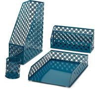 Teppd-Exerz Organisateur De Bureau 4 Pièces/Bureau De Classement En Métal: Bac À Lettres A4 X 1, Porte-Revues A4 / Porte-Documents Vertical X 1, Trieuse À Lettres X1, Porte-Stylo X 1 (Bleu Égéen)