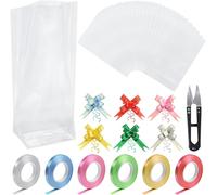 Teppd-Lot De 120 Sachets En Cellophane Transparent Avec 120 N?uds, 6 Rouleaux De Ruban Et Des Ciseaux Pour Bonbons, Biscuits, Anniversaire, Jouets D'emballage, Noël (25 Cm X 15 Cm)