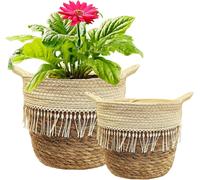 TEPPE-2 Grands Caches Pot en Osier, Panier à Plantes d'intérieur, Pot de Fleurs Jardin decoratif en Seagrass avec Doublure Plastique Étanche et Poignées, Panier de Rangement, diamètre 20cm et 25cm