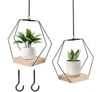 TEPPE-Lot de 2 pots de fleurs suspendus en métal avec socle en bois, cordon réglable de 80 cm, résistant aux intempéries, pour plantes d'intérieur, plantes succulentes et décoration