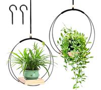 TEPPE-Sumotia Lot de 2 pots de fleurs suspendus avec base en bois, anneau en métal et boucle de suspension, pots de fleurs ronds suspendus pour l'intérieur, pots de fleurs suspendus noirs pour murs e