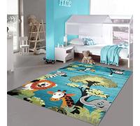 Teppich-Traum Tapis Bleu pour Chambre d'enfant avec de Mignons Animaux de la forêt - Parfait pour Une Ambiance Naturelle, 140 x 200 cm
