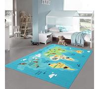Teppich-Traum Tapis Chambre d'enfant Jeu d'apprentissage Carte du Monde Continents & Mers Bleu, 140x200 cm