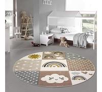 Teppich-Traum Tapis Chambre d'enfant Tapis de Jeu Arc-en-Ciel Pois Cœurs Nuages Beige Gris Brun - très résistant Größe 120 cm Rund