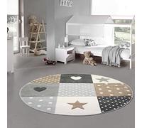 Teppich-Traum Tapis Chambre d'enfant Tapis de Jeu Cœurs Étoiles Pois Brun Beige Gris - très résistant Größe 160 cm Rund