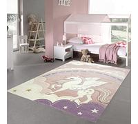 Teppich-Traum Tapis Chambre d'enfant Tapis de Jeu Licorne Arc-en-Ciel Nuages en crème Rose - très résistant & antisalissure Größe 160x230 cm