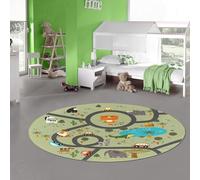 Teppich-Traum Tapis Chambre Enfant Tapis Enfant antidérapant Lavable Tapis de Jeu Safari Rue Voitures Animaux Vert Rond 160 cm de diamètre
