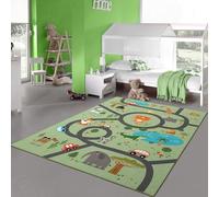 Teppich-Traum Tapis Chambre Enfant Tapis Enfant antidérapant Lavable Tapis Jeu Safari Rue Voitures Animaux Vert 140 x 200 cm