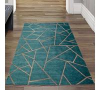 Teppich-Traum Tapis de couloir, salon - Motif géométrique moderne - Lignes épurées - Élégant - Facile d'entretien - Résistant - Élégant accroche-regard - Bleu pétrole doré - 80 x 250 cm