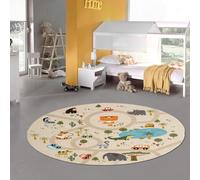 Teppich-Traum Tapis de jeu pour chambre d'enfant - Tapis de jeu safari - Tapis de rue - Antidérapant - Beige - Rond - Diamètre : 160 cm