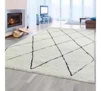 Teppich-Traum Tapis de Salon à Poils Longs Blanc Noir Motif Losange Nordique, 160 x 230 cm