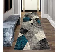 Teppich-Traum Tapis de Salon Moderne Design Abstrait marbré Losanges ondulés Bleu Gris - résistant & Durable Größe 80 x 300 cm