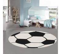 Teppich-Traum Tapis Enfant Rond Football Effet 3D Noir Blanc Doux pour Enfants, 120 cm Rond