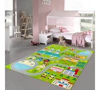 Teppich-Traum Tapis Jeu Motif Ville avec Rues Surface Douce Facile d'entretien Non Toxique Durable Jardin d'enfants Chambre bébé Jeu créatif Facile à Nettoyer Vert 120 x 160 cm