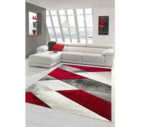 Teppich-Traum Tapis Moderne Tapis de Salon Motif géométrique Abstrait en Gris Rouge Größe 160x230 cm
