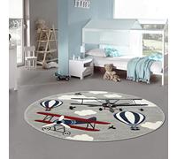 Teppich-Traum Tapis pour Enfants Avion Tapis d'apprentissage montgolfière en crème Bleu Gris Größe 160 cm Rund