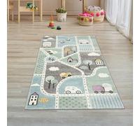 Teppich-Traum Tapis pour Enfants Tapis d'apprentissage Garçon avec Rues Voitures Bleu Pastel Vert Größe 80x150 cm