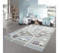 Teppich-Traum Tapis pour Enfants Tapis d'apprentissage Garçon avec Rues Voitures Bleu Pastel Vert Größe 120x170 cm