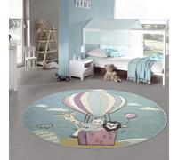Teppich-Traum Tapis pour Enfants Tapis de Jeu Tapis Ballon à air Chaud Animaux en Bleu Pastel Größe 120 cm Rund
