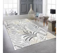 Teppich-Traum Tapis pour salon, salle à manger, espaces de vie ouverts, motif tropical, facile d'entretien, doux, résistant, moderne, durable, beige, crème, doré, 200 x 290 cm