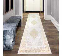 Teppich-Traum Tapis Séjour Chambre Couloir Tapis de Couloir 100x200 cm Long Motif Court Orient élégant Ornements Effet Brillant Méandres crème Or