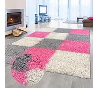 Teppich-Traum Tapis Shaggy Moelleux à Poils Longs avec Motif à Carreaux Rose Gris crème 160x230cm