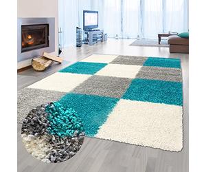 Teppich-Traum Tapis Shaggy Moelleux à Poils Longs avec Motif à Carreaux Turquoise Gris crème 160x230cm