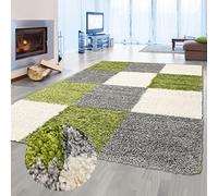 Teppich-Traum Tapis Shaggy Moelleux à Poils Longs avec Motif à Carreaux Vert Gris crème 160x230cm