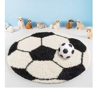 Teppium Tapis enfant rond noir blanc forme football tapis à poils longs pour chambre d'enfant taille 100 cm rond