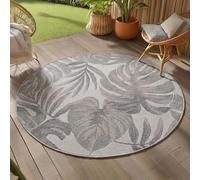 Teppium Tapis Extérieur Rond 120 cm Gris, Résistant aux Intempéries et UV, Tapis Balcon Terrasse Jardin Intérieur Extérieur, Motif Feuilles de Palmier Facile à Nettoyer
