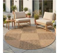 Teppium Tapis Extérieur Rond 160 cm Beige, Résistant aux Intempéries Facile d'entretien, Tapis Aspect Jute pour Terrasse Jardin Salon Salle à Manger