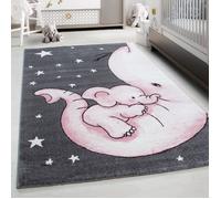 Teppium Tapis pour Chambre d'Enfant et de Bébé joli motif d'éléphant couleur rose gris et blanc 200x290 cm