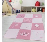 Teppium Tapis pour Enfants Motif Petite Princesse pour Filles, Tapis de Jeu Couronne Baguette Magique, Lavable, pour Chambre d'enfants, Chambre de bébé Taille: 140 x 200 cm, Couleur: Pink-1