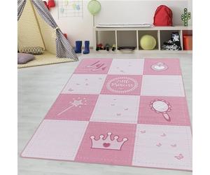 Teppium Tapis pour Enfants Motif Petite Princesse pour Filles, Tapis de Jeu Couronne Baguette Magique, Lavable, pour Chambre d'enfants, Chambre de bébé Taille: 100 x 150 cm, Couleur: Pink-1