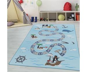 Teppium Tapis pour Enfants, Tapis d'apprentissage avec Chiffres et Motif Pirate, Lavable, pour garçons et Filles, pour Chambre d'enfant, Chambre de bébé Taille: 140 x 200 cm, Couleur: Bleu-2