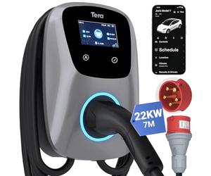Tera Smart EV Chargeur Type 2 Wallbox: Borne de Recharge Vehicule Electrique 22kw Triphasé 32A 400V CE Certifié avec APP WiFi Bluetooth, 7M Câble de Recharge, Support Mural de Chargeur pour EVs PHEVs