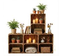 Teramico Caisses en Bois Massif légèrement brûlé avec étagère intermédiaire vissée, Objets de décoration Vintage, pour Ranger Chaussures, Livres Lot de 4 Transversal