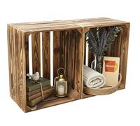 teramico Lot de 2 caisses en Bois flammé - Caisses à vin - Caisses à Fruits avec Planche Centrale/étagère intermédiaire - Étagère à Chaussures (Lot de 2/50cm, sans étagère)