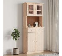 Teravane Meuble haut ALTA de qualité supérieure - 77 x 35 x 188 cm - En pin massif non traité - Avec portes en verre - Avec commode - Buffet robuste - Idéal pour le salon, le couloir ou la cuisine