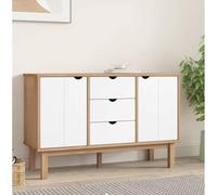 Teravane OTTA Buffet marron blanc 113,5 x 43 x 73 cm en pin massif avec tiroirs et compartiments pour salon, couloir, cuisine, style rustique