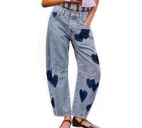 TERAZUNO Jean Droit Taille Mi-haute pour Femme Pantalon en Denim Imprimé Cœur Pantalon Baggy Y2K Harajuku E-girl Streetwear Vintage Loisirs Ample Pantalon Droit Cheville(L)