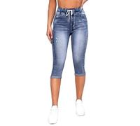 TERAZUNO Short Au Genou Jean Jean de Loisirs Élégant avec Poches Plaquées et Jean À Cordon Vêtements Classiques Taille Élastique Coupe Ajustée Uni Jean Rétro Jusqu'aux Genoux(Blue,L)