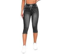 TERAZUNO Short Au Genou Jean Jean de Loisirs Élégant avec Poches Plaquées et Jean À Cordon Vêtements Classiques Taille Élastique Coupe Ajustée Uni Jean Rétro Jusqu'aux Genoux(Black,L)