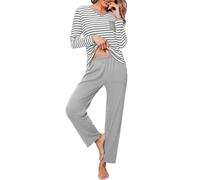 Terecey Pyjama Femme Long en Coton 2 Pièces Haut Rayé Col V avec Poche et Pantalon Confortable Vêtements de Nuit Ensemble Pyjama Femme Maison Cosy pour Automne Hiver, Gris, S