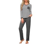 Terecey Pyjama Femme Long en Coton 2 Pièces Haut Rayé Col V avec Poche et Pantalon Confortable Vêtements de Nuit Ensemble Pyjama Femme Maison Cosy pour Automne Hiver