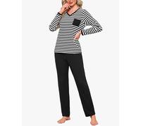 Terecey Pyjama Femme Long en Coton 2 Pièces Haut Rayé Col V avec Poche et Pantalon Confortable Vêtements de Nuit Ensemble Pyjama Femme Maison Cosy pour Automne Hiver, Noir, L