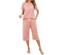 Terecey Pyjama pour femme à manches courtes en coton - Pantalon de pyjama d'été court - Combinaison de loisirs - Doux et confortable - Pantalon de pyjama 3/4 - Tailles S à XXL, Rose, L