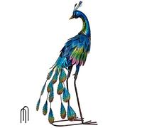 TERESA'S COLLECTIONS Décoration extérieure en Forme de Paon - Sculptures et Statues de Jardin - Petits Oiseaux en métal Bleu - Décorations extérieures de 56,9 cm pour Porche, terrasse, étang, Cadeau